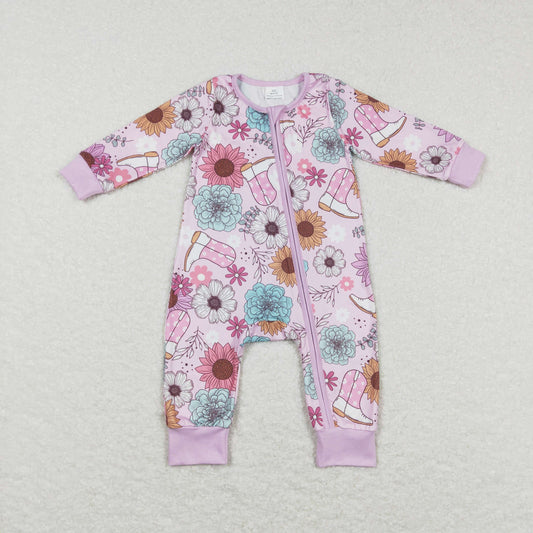 baby girl pink boots flower sleeper zipper PJs