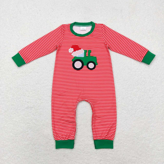 red stripes christmas santa tractor embroidered romper