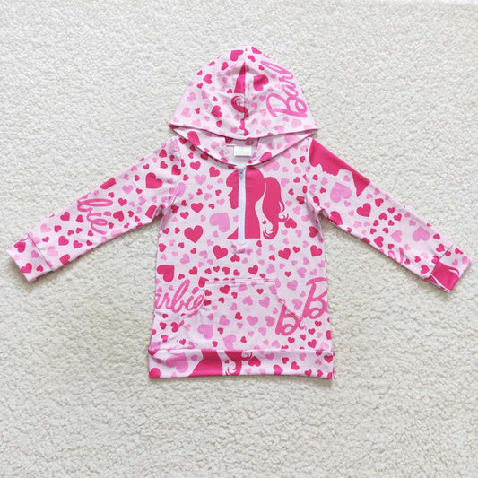 pink heart print zip hoodie top with pocket girls clothing
