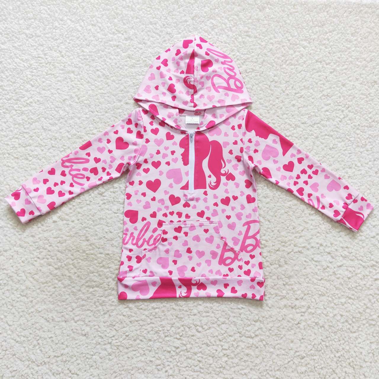 pink heart print zip hoodie top with pocket girls clothing