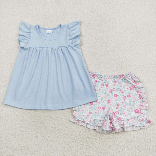 girl solid tunic floral ruffle shorts set