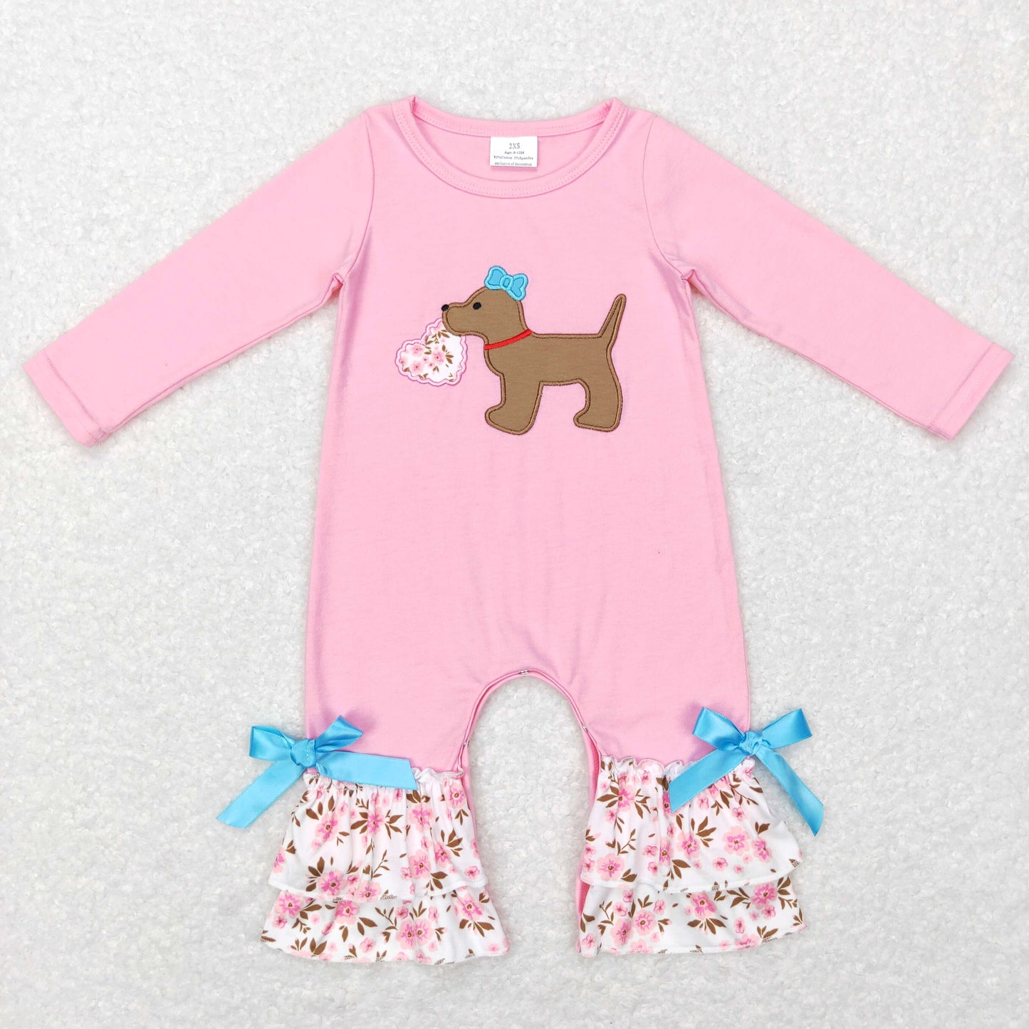 baby girl valentine pink dog embroidery ruffle romper