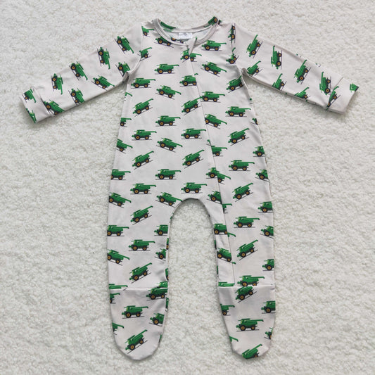 Green truck footie sleeper baby boy zip romper