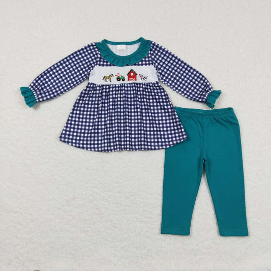 Girl Gingham Embroidery Tunic Solid Leggings Outfit