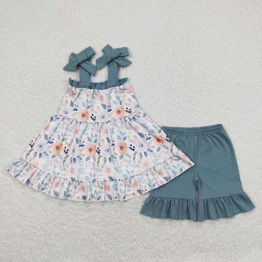 suspender floral tunic ruffle shorts set girls summer outfit