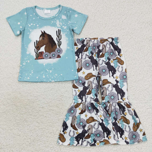 short sleeve horse turquoise bells set girls clothing