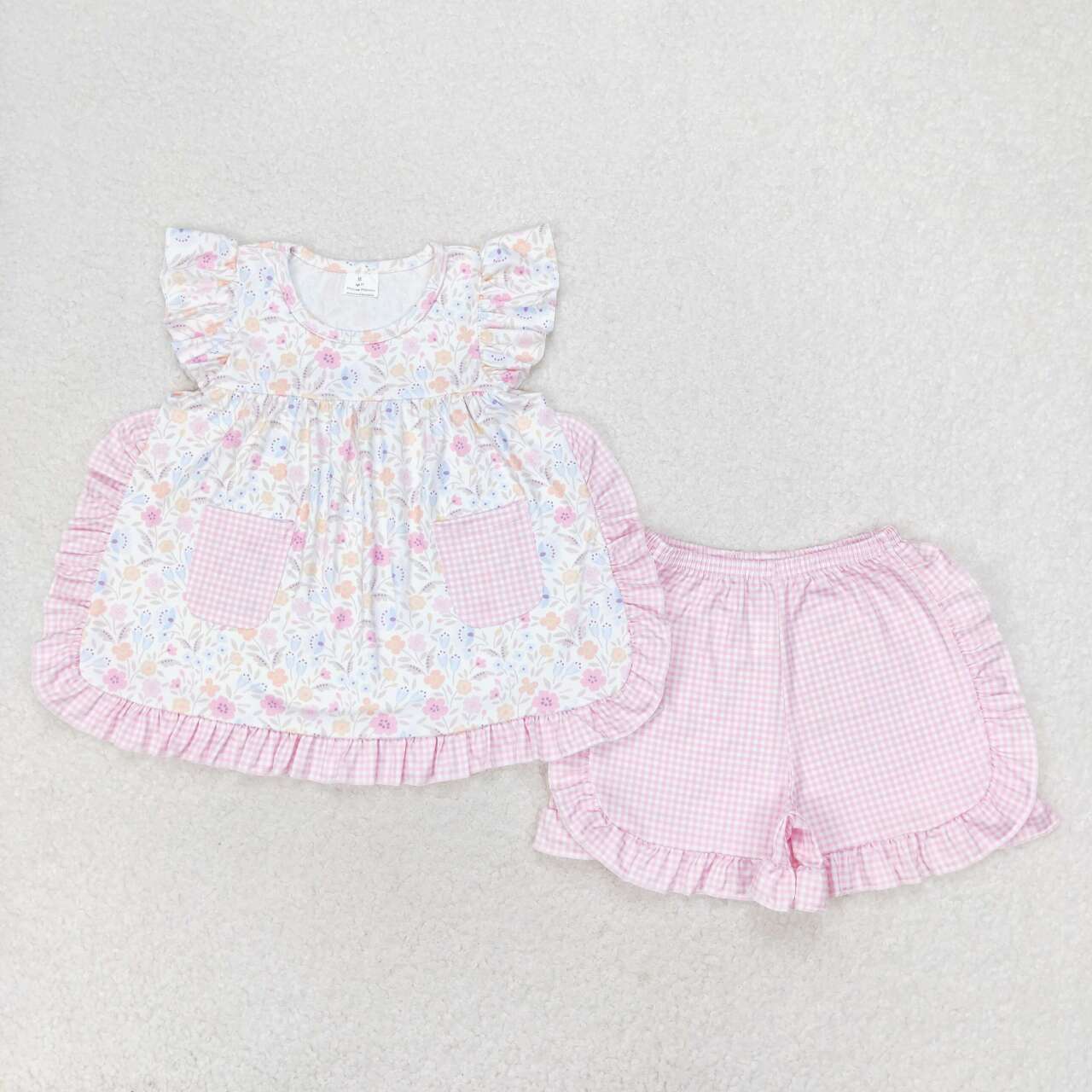 pink gingham ruffle floral set