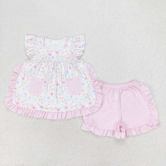 pink gingham ruffle floral set