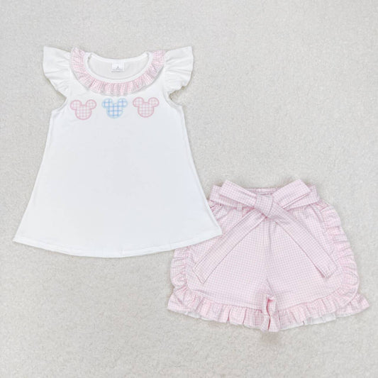 cartoon print top pink belt ruffle shorts set