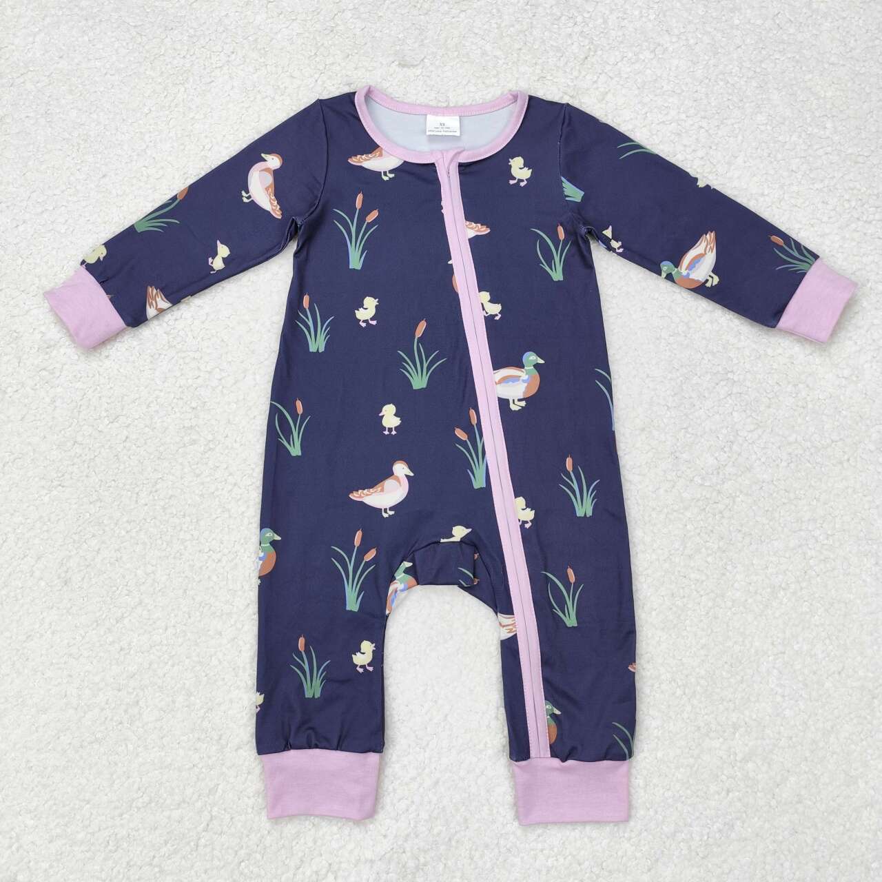 navy duck print baby girl zip sleeper