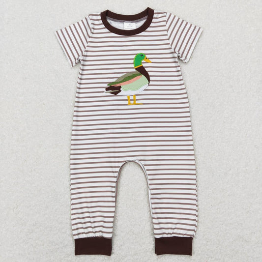 baby boy brown stripe duck embroidery romper