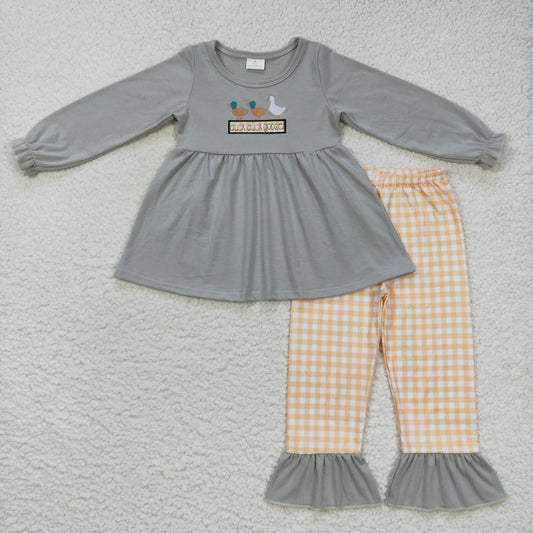 gray duck duck goose outfit embroidery pants set girls clothing