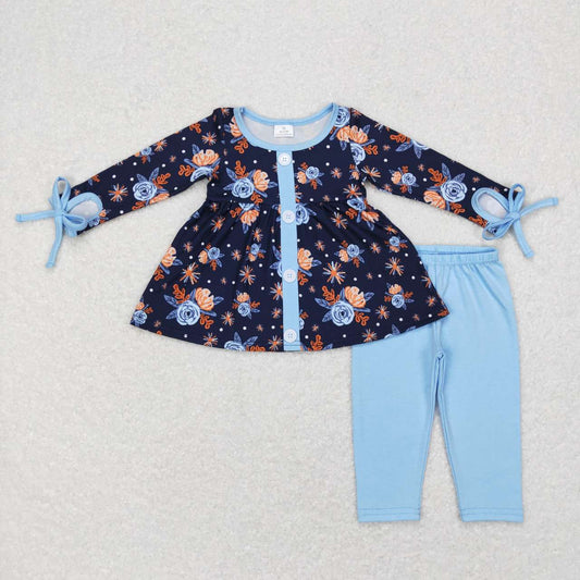 girl floral button tunic solid blue legging set