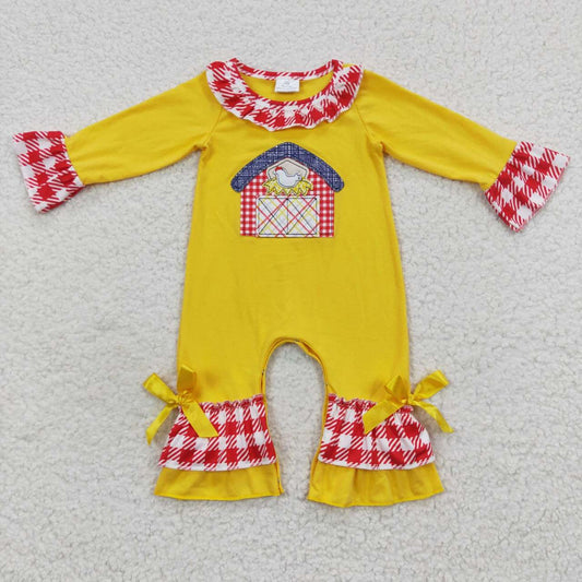 Farm house mbroidery baby fall ruffle romper