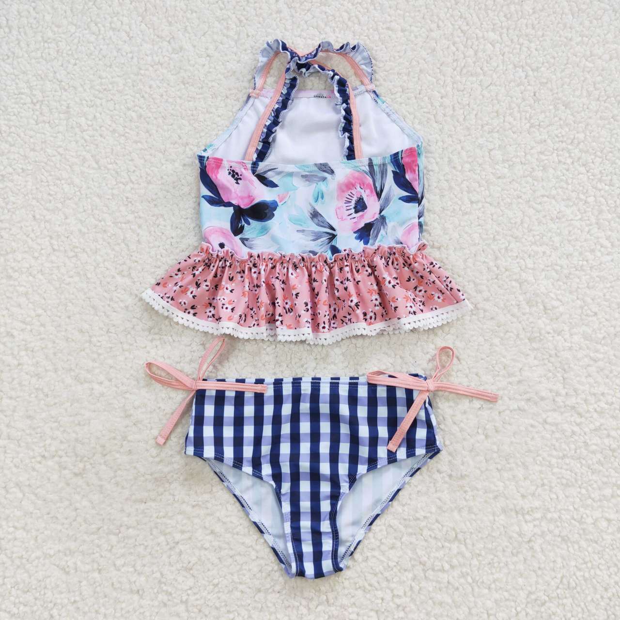 2pcs floral and plaid kids girls swimsuit