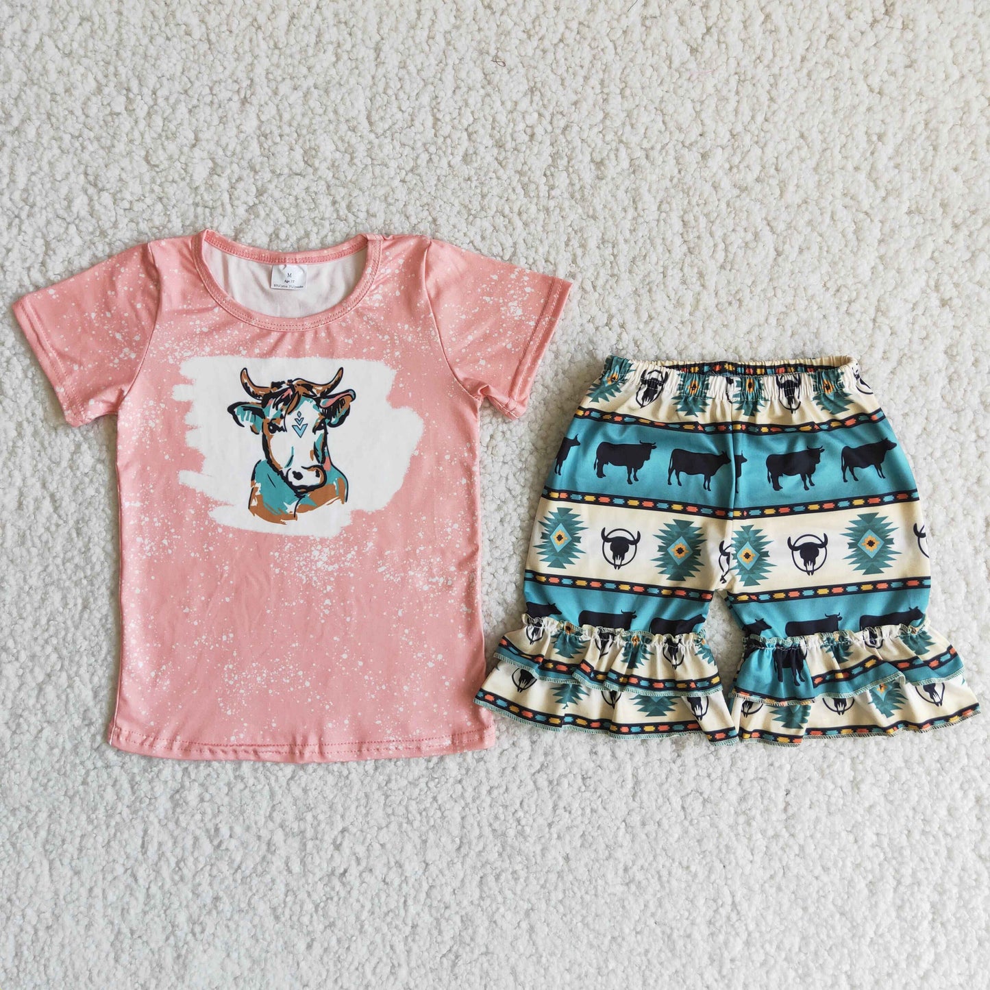 cow print teal ruffle shorts set girl summer outfit