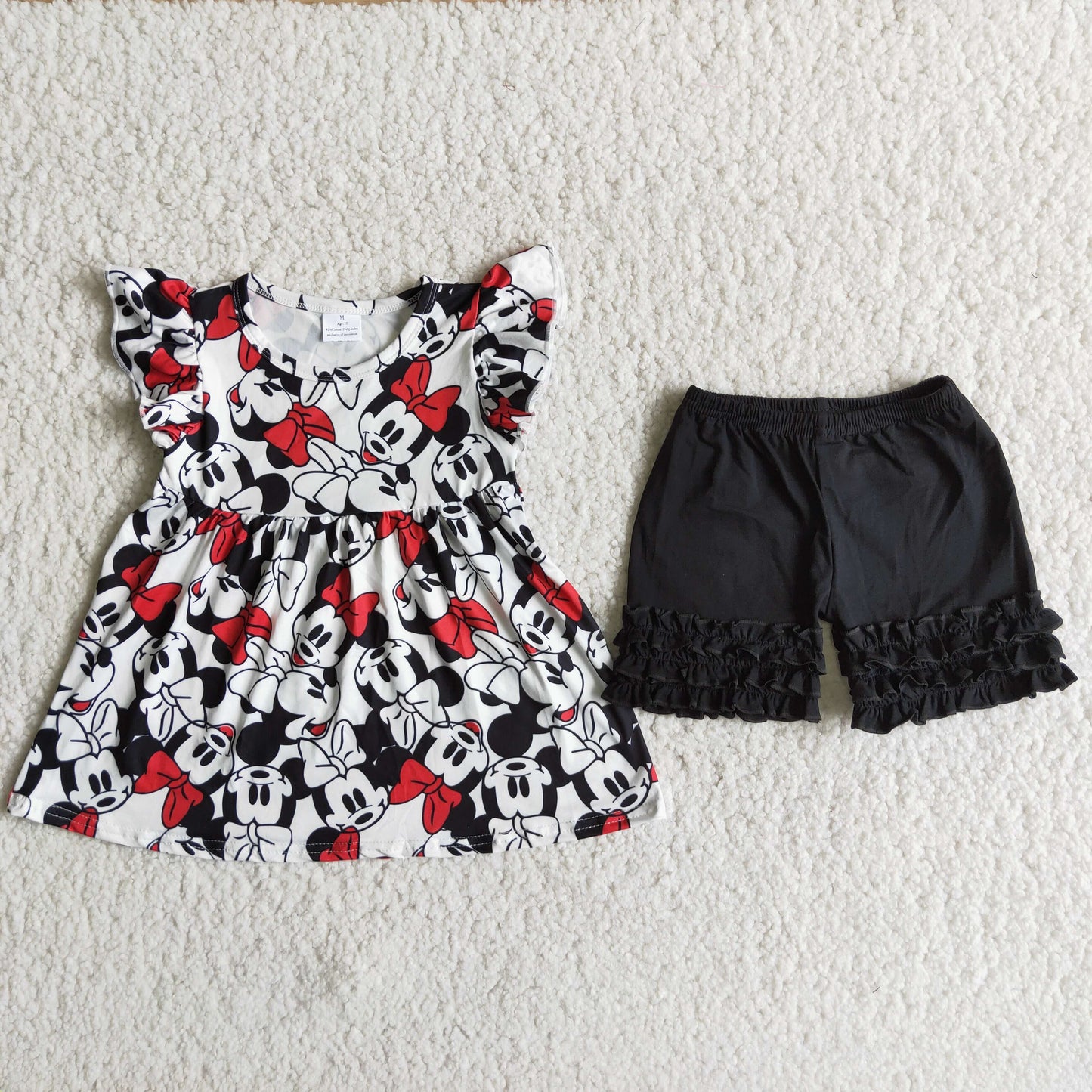 cartoon mouse black ruffle shorts set