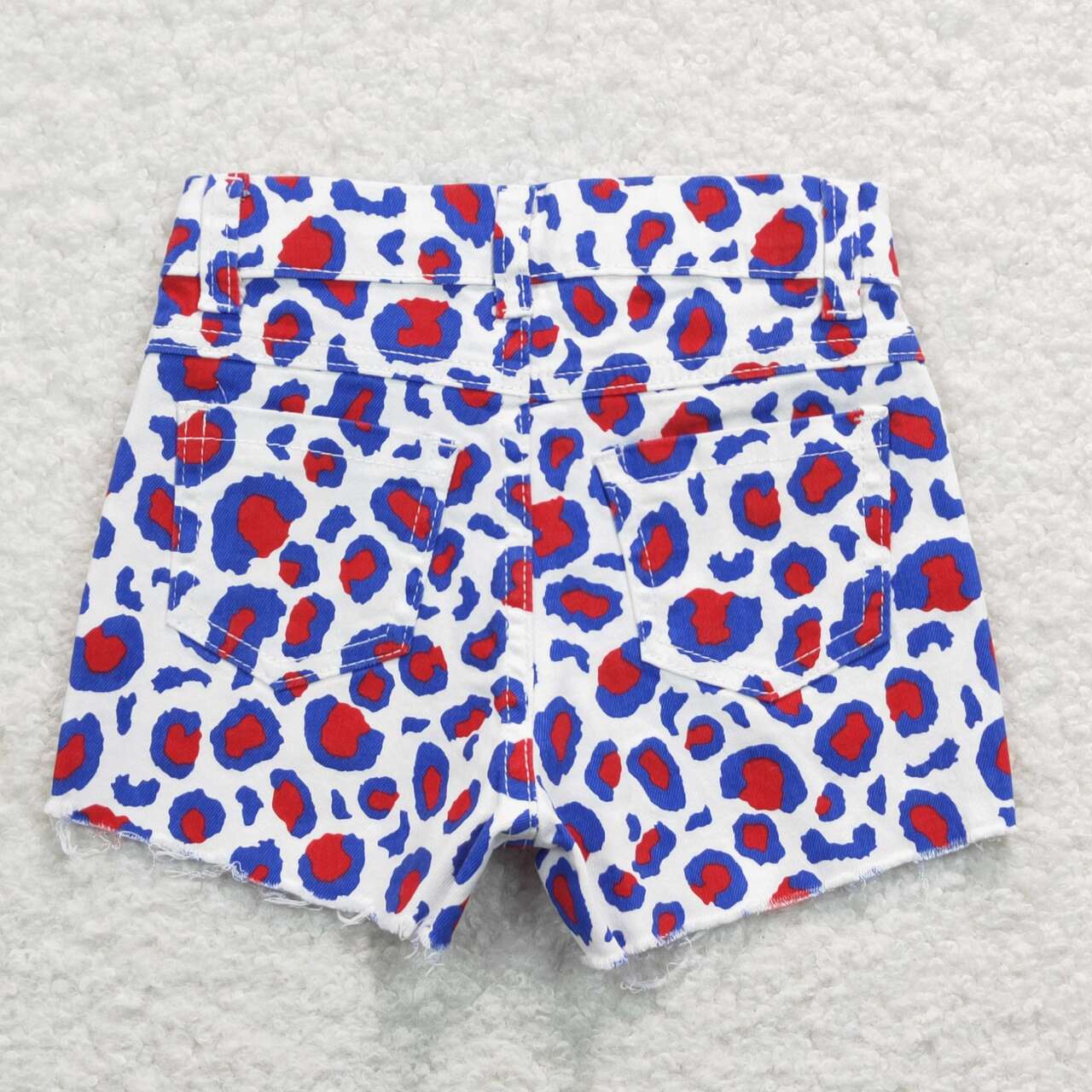 blue red white clothing, leopard pocket denim shorts, 4th of july girls jeans