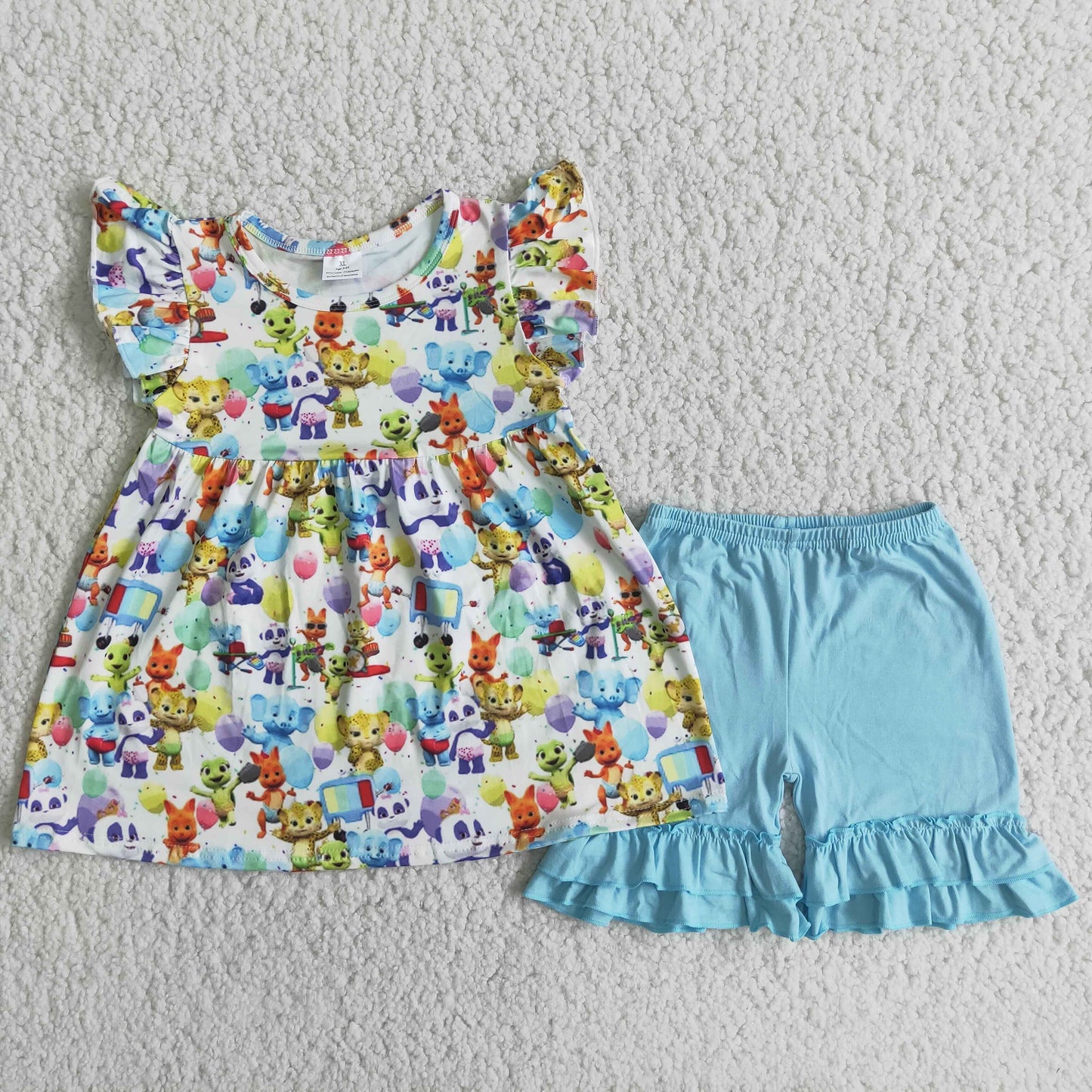 artoon animal blue shorts set girl summer outfit