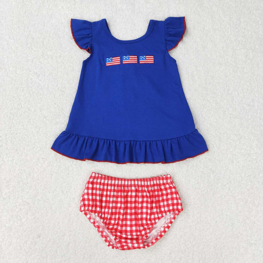 royal blue red embroidery baby girl USA flag bummie set