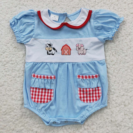 baby girl blue cotton farm embroidery romper with pockets