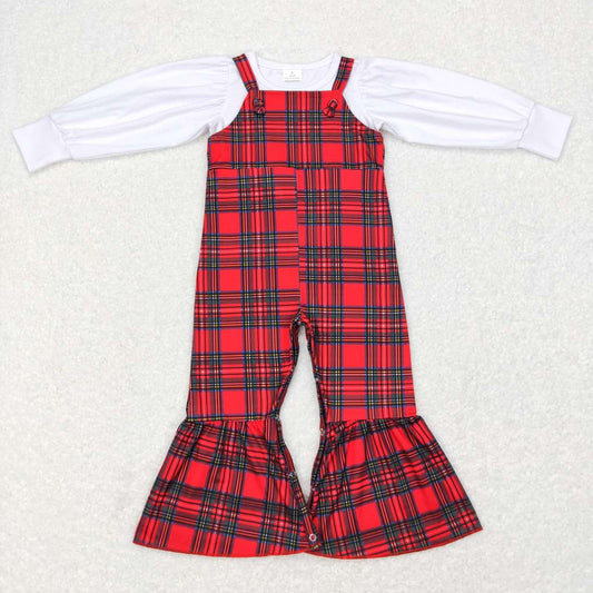 white cotton shirt+red plaid jumpsuit girls outfit