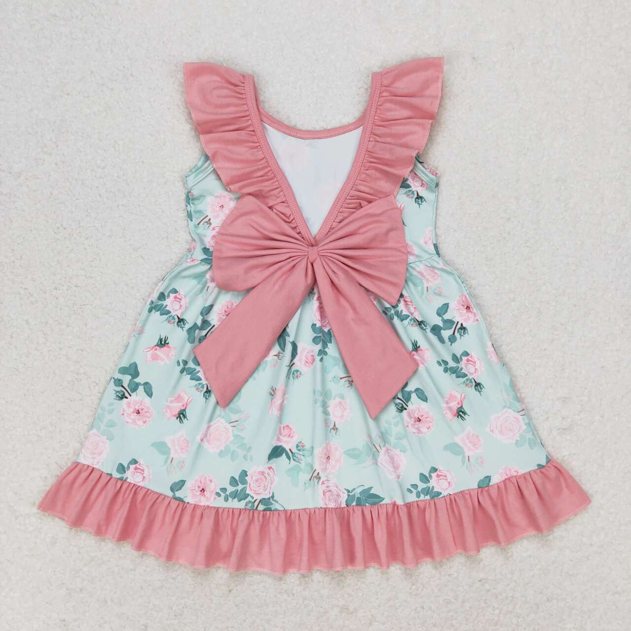 pink flower sleeveless backless bow dress