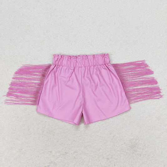 pink leather fringe shorts