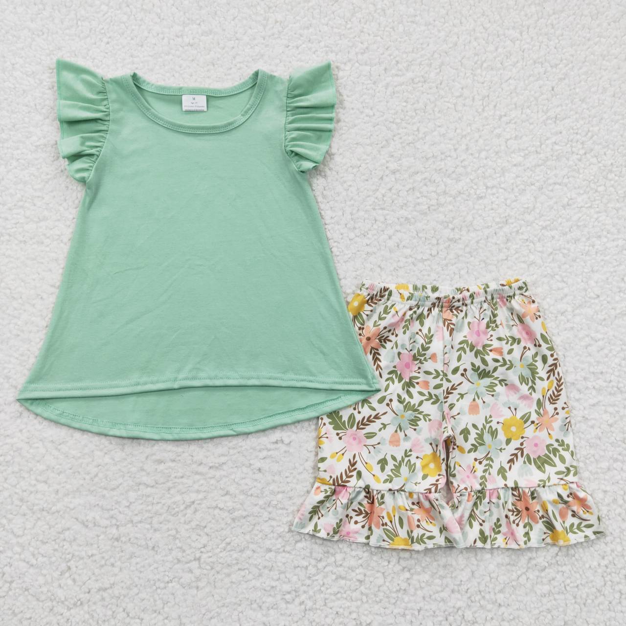 children mint grren floral shorts set girl’s outfit