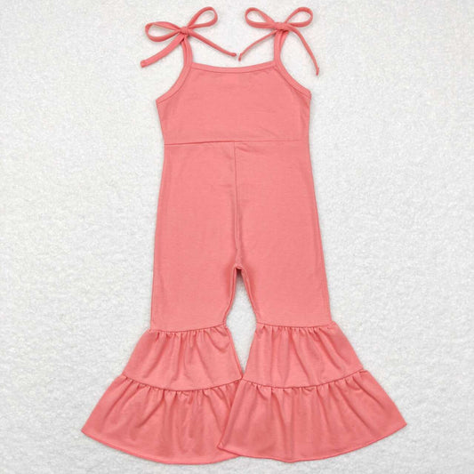 cotton solid pink strap bell bottom jumpsuit