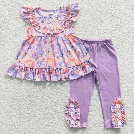 girl fall purple pumpkin cotton leggings ruffle outfit