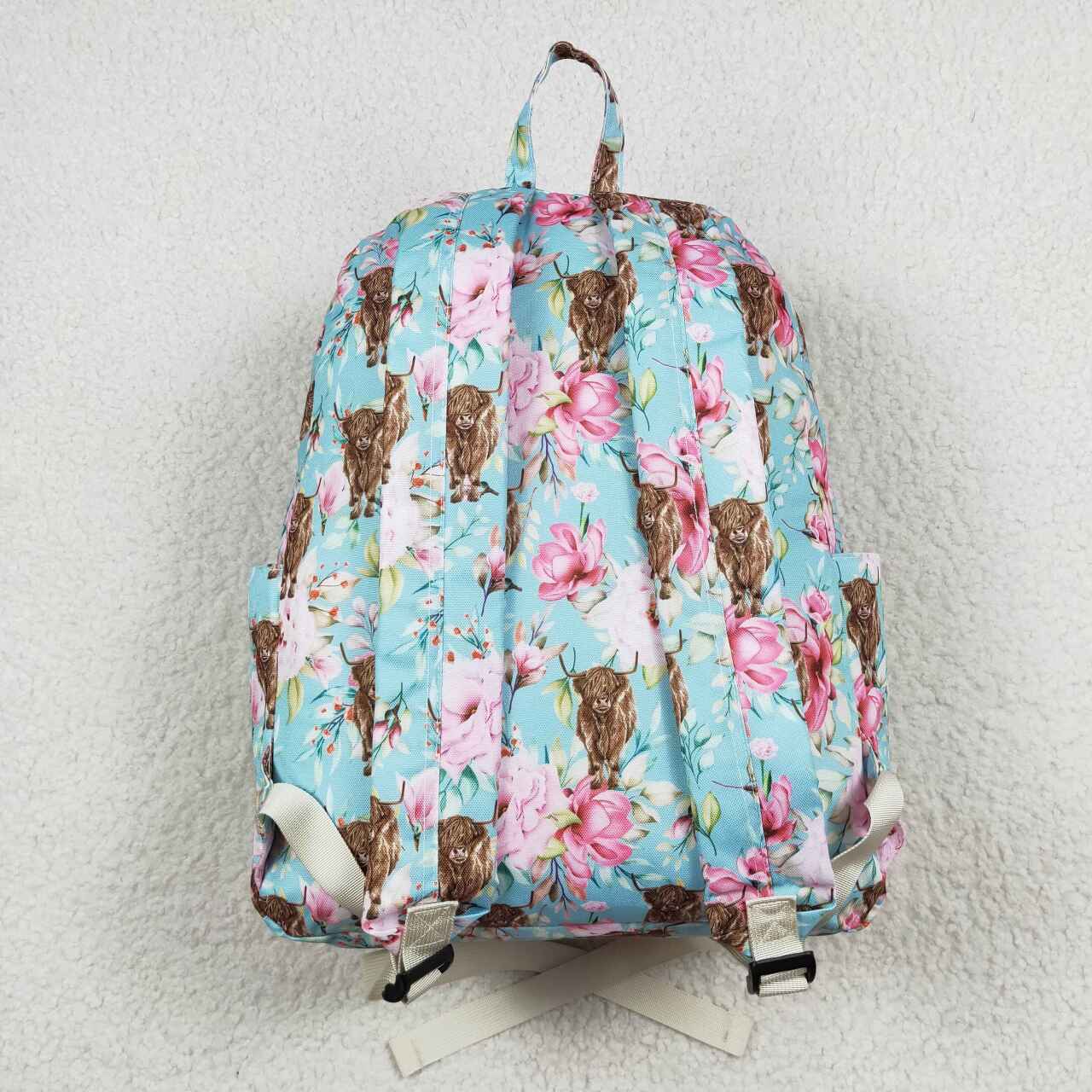 blue highland cow flower print child bag backpack