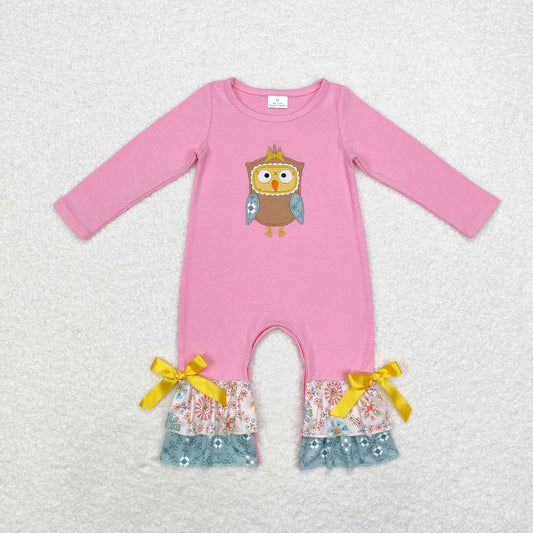 pink owl embroidered ruffle romper