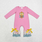 pink owl embroidered ruffle romper