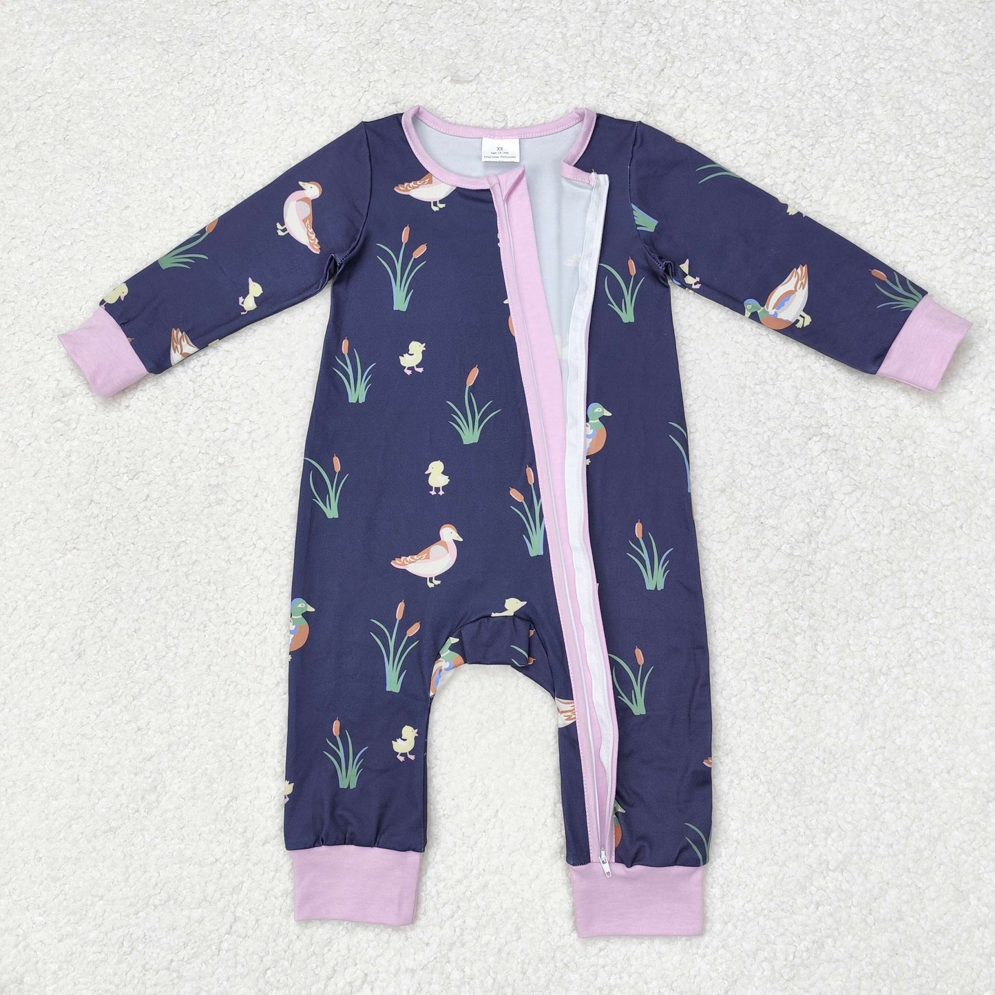 navy duck print baby girl zip sleeper