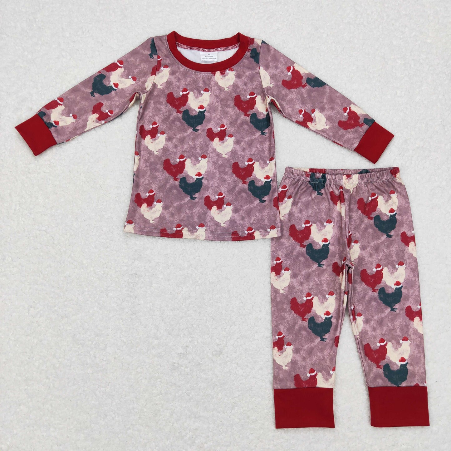 sibling boy Christmas chicken print ruffle pajama set