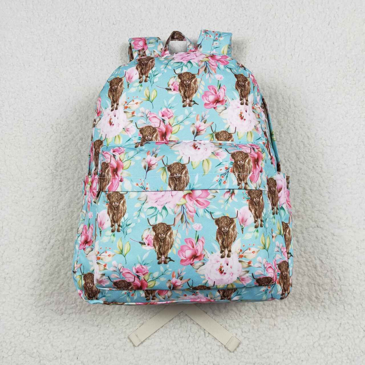 blue highland cow flower print child bag backpack