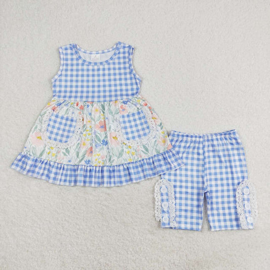 blue plaid flower shorts set with pocket girl clothing