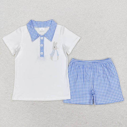 boy white blue easter rabbit button shirt shorts set