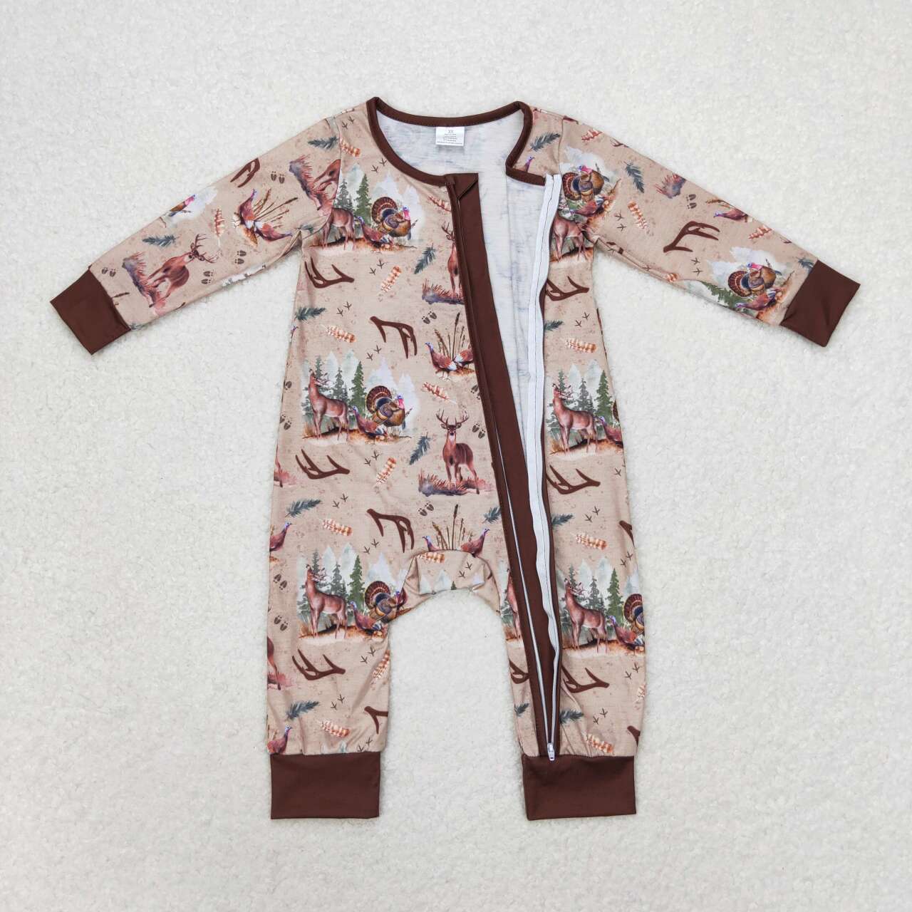 deer duck turkey print baby boy zip sleeper brown