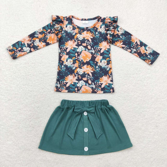 autumn floral shirt green skirt set outfit girl fall clothes