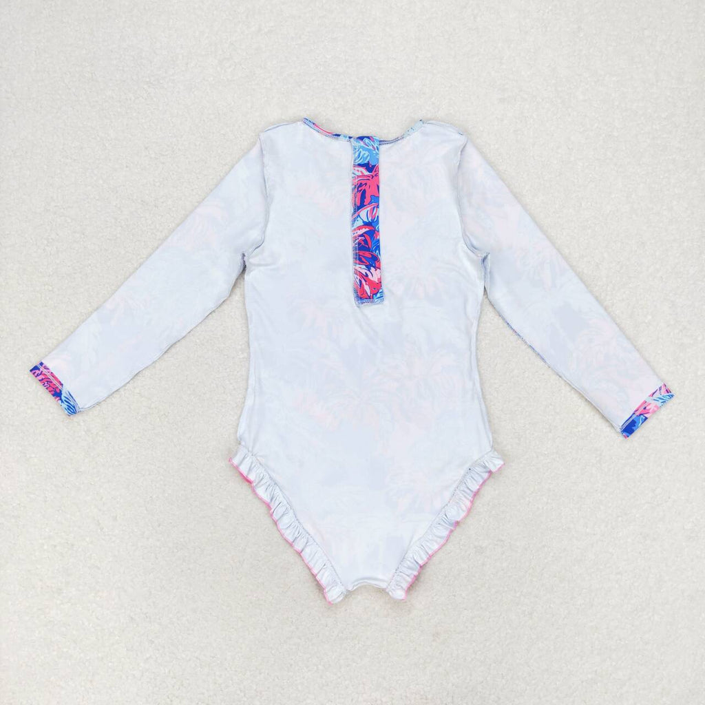 Preppy Barbiecore Palm Trees Blue Pink One Piece Swimsuit