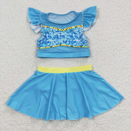 2pieces kids blue princess swimsuit girl swim wear