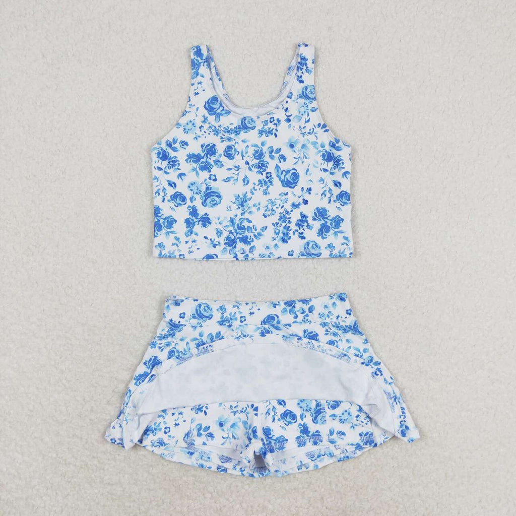 blue flower tank two pieces skort swimsuit