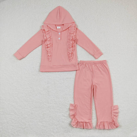 cotton solid pink ruffle hoodie outfit girl’s fall clothing