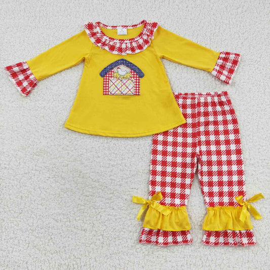 Farm house embroidery red plaid ruffle pants set girl fall outfit