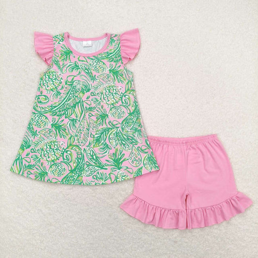 flutter sleeve lily fish pink ruffle shorts set girls summer outfit