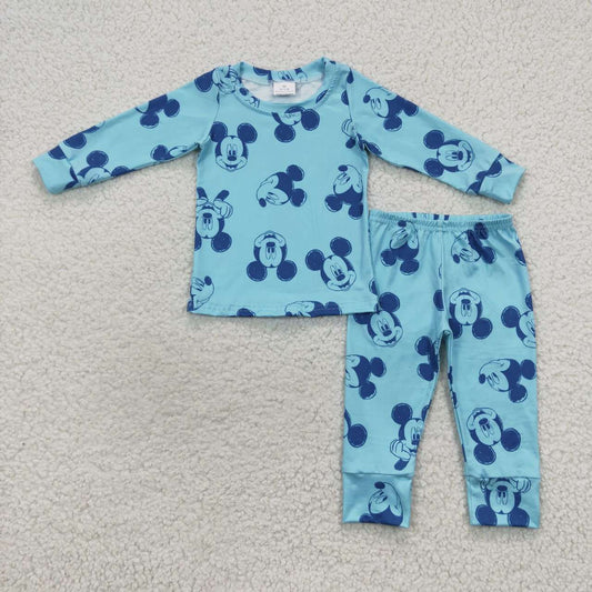 Sibling kids boy blue cartoon mouse print pajama set