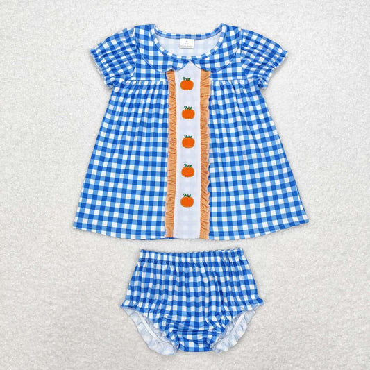 blue plaid pumpkin embroidered bummie set