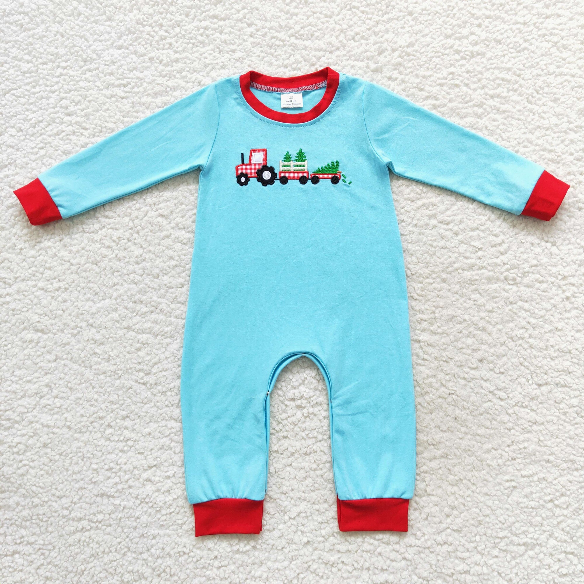 christmas tree truck embroidery blue cotton romper